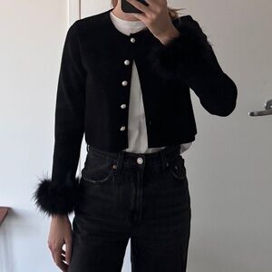 Sleeper Feather Cuff Black Knit Cardigan